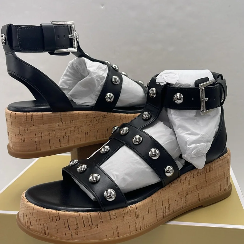 MICHAEL KORS Selah Studded Platform Gladiator Silver Studded Sandal Black New